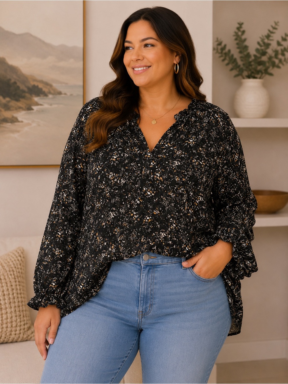 Monday Fun Floral V-Neck Ruffle Blouse Size 2X